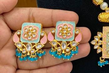 Hasli necklace set with matching earrings meenakari work, kundan stones, gold polish, adjustable drawstring 4