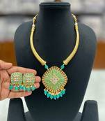 Hasli necklace set with matching earrings meenakari work, kundan stones, gold polish, adjustable drawstring