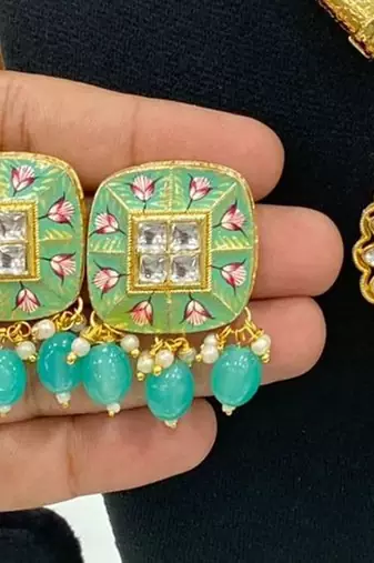 Hasli necklace set with matching earrings meenakari work, kundan stones, gold polish, adjustable drawstring