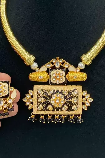 Hasli necklace set with matching earrings meenakari work, kundan stones, gold polish, adjustable drawstring
