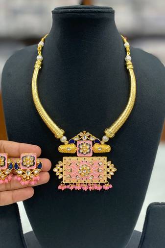 Hasli necklace set with matching earrings meenakari work, kundan stones, gold polish, adjustable drawstring