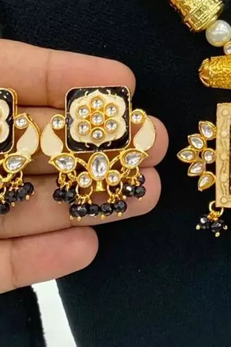 Hasli necklace set with matching earrings meenakari work, kundan stones, gold polish, adjustable drawstring