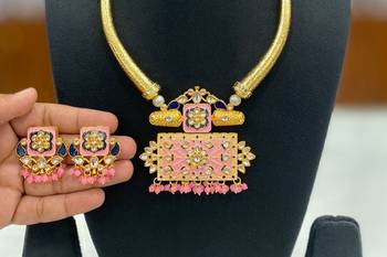 Hasli necklace set with matching earrings meenakari work, kundan stones, gold polish, adjustable drawstring 3