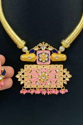 Hasli necklace set with matching earrings meenakari work, kundan stones, gold polish, adjustable drawstring