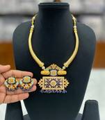 Hasli necklace set with matching earrings meenakari work, kundan stones, gold polish, adjustable drawstring