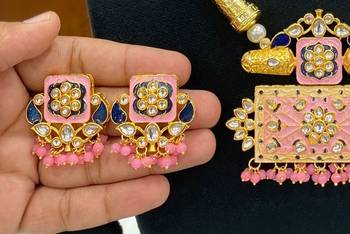 Hasli necklace set with matching earrings meenakari work, kundan stones, gold polish, adjustable drawstring 4