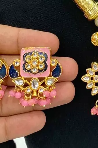 Hasli necklace set with matching earrings meenakari work, kundan stones, gold polish, adjustable drawstring