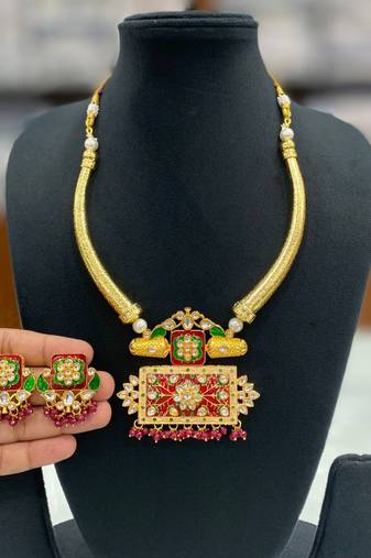 Hasli necklace set with matching earrings meenakari work, kundan stones, gold polish, adjustable drawstring