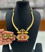 Hasli necklace set with matching earrings meenakari work, kundan stones, gold polish, adjustable drawstring