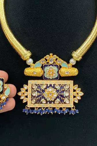 Hasli necklace set with matching earrings meenakari work, kundan stones, gold polish, adjustable drawstring