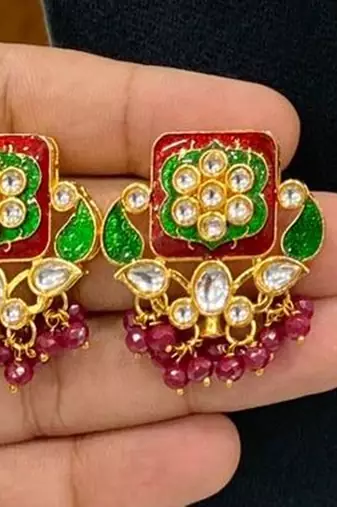 Hasli necklace set with matching earrings meenakari work, kundan stones, gold polish, adjustable drawstring