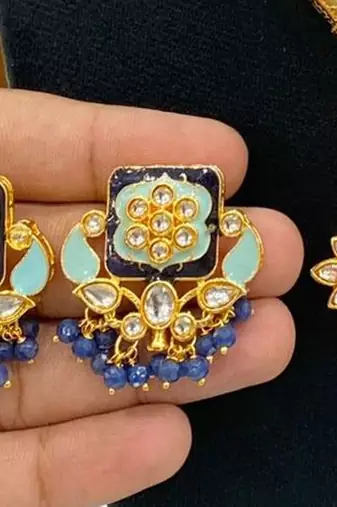 Hasli necklace set with matching earrings meenakari work, kundan stones, gold polish, adjustable drawstring