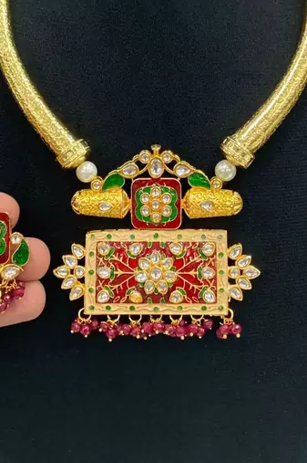 Hasli necklace set with matching earrings meenakari work, kundan stones, gold polish, adjustable drawstring