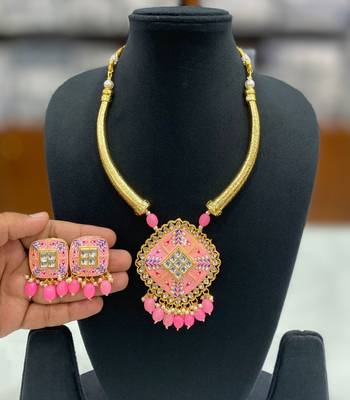 Hasli necklace set with matching earrings meenakari work, kundan stones, gold polish, adjustable drawstring 1