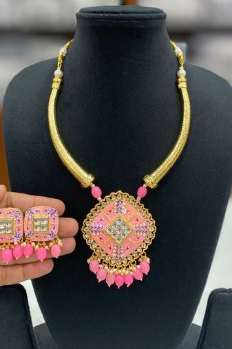 Hasli necklace set with matching earrings meenakari work, kundan stones, gold polish, adjustable drawstring