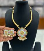Hasli necklace set with matching earrings meenakari work, kundan stones, gold polish, adjustable drawstring