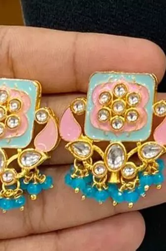 Hasli necklace set with matching earrings meenakari work, kundan stones, gold polish, adjustable drawstring