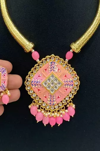 Hasli necklace set with matching earrings meenakari work, kundan stones, gold polish, adjustable drawstring