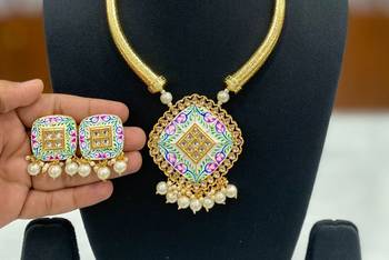 Hasli necklace set with matching earrings meenakari work, kundan stones, gold polish, adjustable drawstring 2