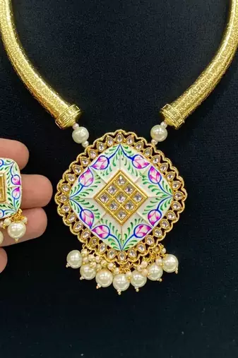 Hasli necklace set with matching earrings meenakari work, kundan stones, gold polish, adjustable drawstring
