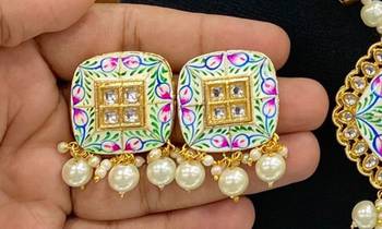 Hasli necklace set with matching earrings meenakari work, kundan stones, gold polish, adjustable drawstring 3