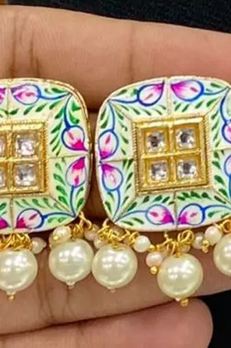Hasli necklace set with matching earrings meenakari work, kundan stones, gold polish, adjustable drawstring