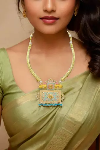 Hasli necklace set with matching earrings meenakari work, kundan stones, gold polish, adjustable drawstring