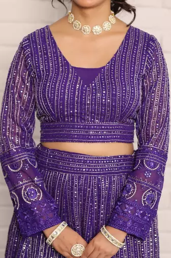 Elegant Purple Georgette Embroidered Lehenga Choli with Dupatta(Set of 3)