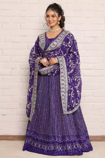 Elegant Purple Georgette Embroidered Lehenga Choli with Dupatta(Set of 3)