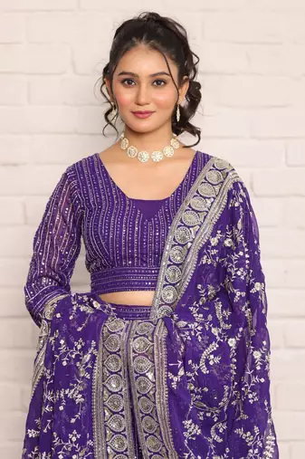 Elegant Purple Georgette Embroidered Lehenga Choli with Dupatta(Set of 3)