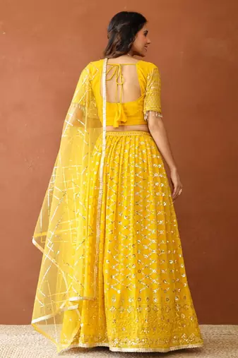 Yellow Georgette Sequin Embroidered Lehenga