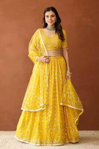 Yellow Georgette Sequin Embroidered Lehenga