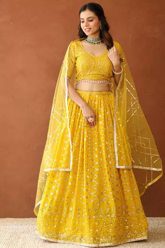Yellow Georgette Sequin Embroidered Lehenga