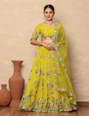 Vibrant Yellow Georgette Floral Thread & Sequin Embroidered Lehenga Choli with Dupatta  1
