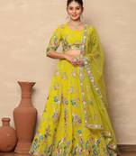 Vibrant Yellow Georgette Floral Thread & Sequin Embroidered Lehenga Choli with Dupatta 