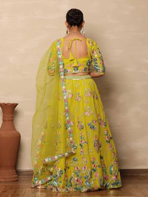 Vibrant Yellow Georgette Floral Thread & Sequin Embroidered Lehenga Choli with Dupatta  2