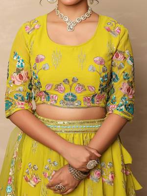 Vibrant Yellow Georgette Floral Thread & Sequin Embroidered Lehenga Choli with Dupatta  3