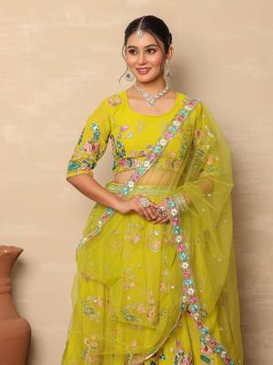 Vibrant Yellow Georgette Floral Thread & Sequin Embroidered Lehenga Choli with Dupatta  4