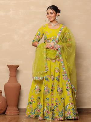 Vibrant Yellow Georgette Floral Thread & Sequin Embroidered Lehenga Choli with Dupatta  5