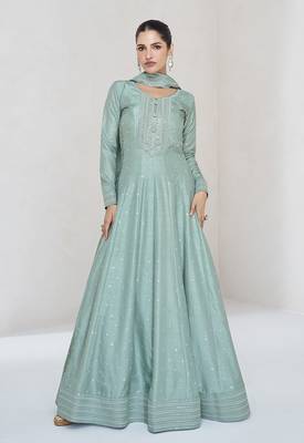 Turquoise embroidered and sequins silk Blend readymade gown 1