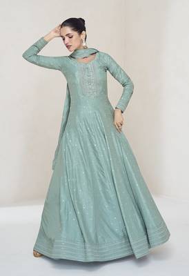 Turquoise embroidered and sequins silk Blend readymade gown 2