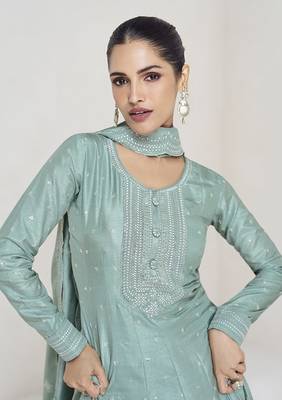 Turquoise embroidered and sequins silk Blend readymade gown 3