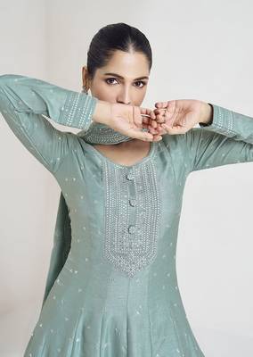 Turquoise embroidered and sequins silk Blend readymade gown 4
