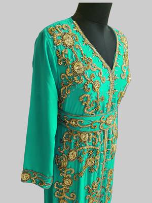 Sea Green color Full Sleeves Handmade Moroccan Kaftan 4