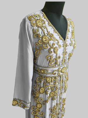 White color Full Sleeves Handmade Moroccan Kaftan 4