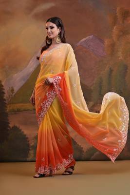 Yellow Sequins Georgette Saree Party Wear 4