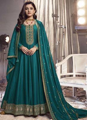 Teal silk georgette embroidered anarkali suit 1
