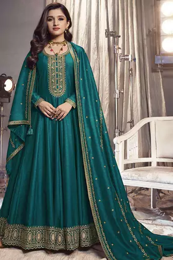 Teal silk georgette embroidered anarkali suit