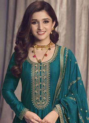 Teal silk georgette embroidered anarkali suit 2
