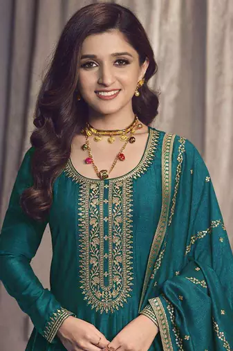 Teal silk georgette embroidered anarkali suit